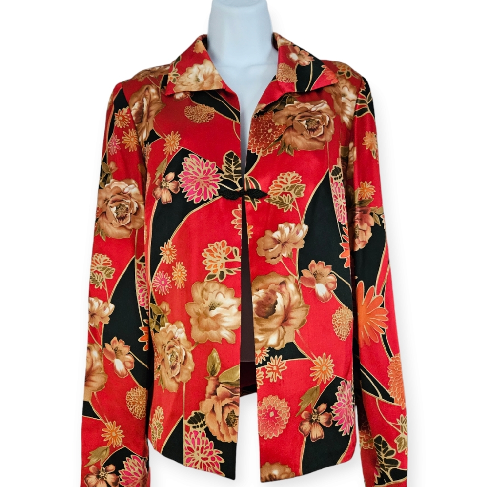 NWOT Maggy London red orange black & tan floral silk cardigan jacket Wom…
